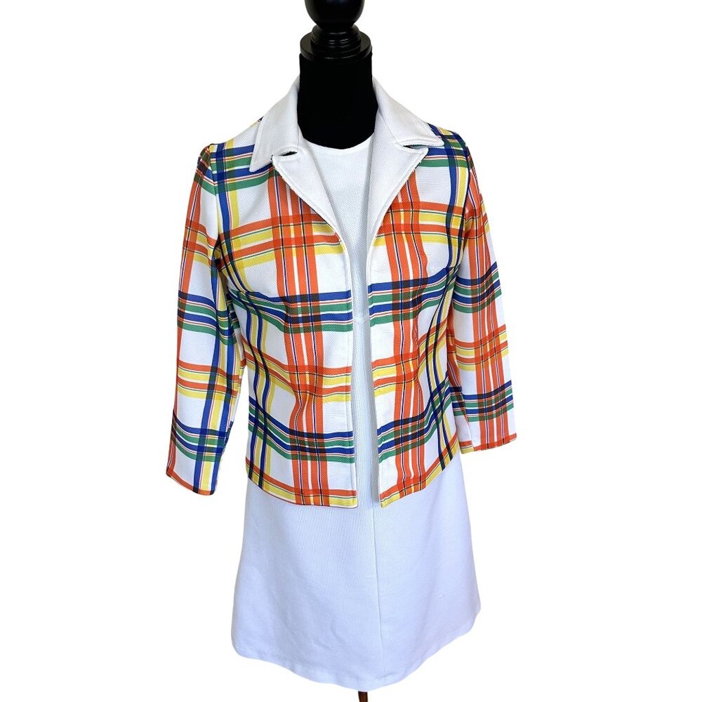 Vtg Womens White Dress Suit Orange Plaid Blazer 1980s Poly Medium Costume